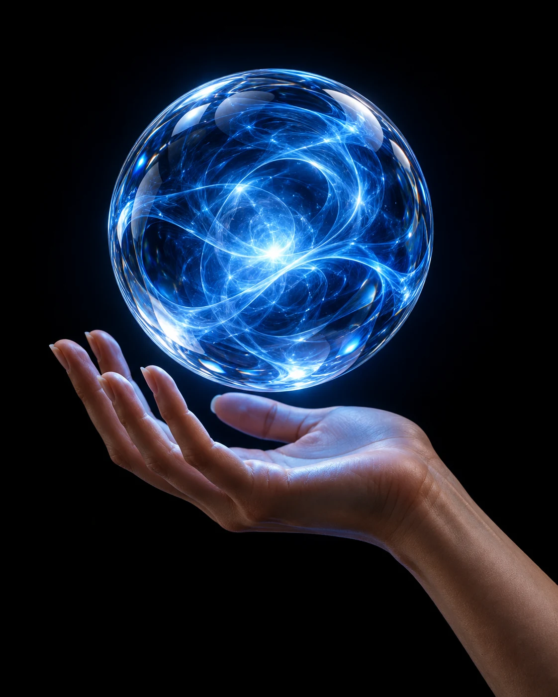 A translucent sapphire crystal sphere filled with light levitates above a realistic human hand, illuminating the skin in blue.
